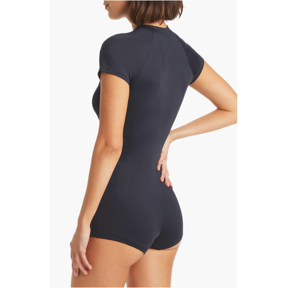 Sea Level Swim Women One Piece Swimsuit 8 Navy Blue Half Zip Short Sleeve NWOT - Picture 2 of 7